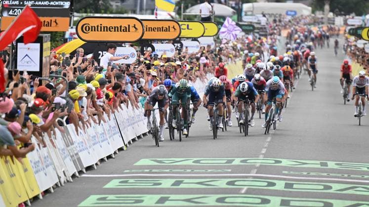 09-07-2024 Tour De France; Tappa 10 Orleans - Saint Amand Montrond; 2024, Alpecin - Deceuninck; 2024, Intermarche - Wanty; 2024, Visma - Lease A Bike; Philipsen, Jasper; Gyrmai Hailu, Biniam; Van Aert, Wout; Saint Amand Montrond; 