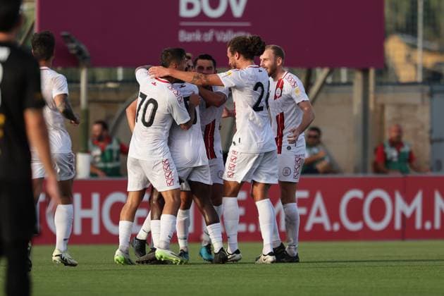 TA™ QALI, MALTA - JULY 09: Ethan Britto (2nd L) of Lincoln Red Imps celebrates scoring the 0-1 goal during the UEFA Champions League, First Qualifying Round, 1st Leg soccer match between Hamrun Spartans and Lincoln Red Imps, at the Centenary Stadium, in Ta Qali, Malta, 09 July 2024. Hamrrun Spartans v Lincoln Red Imps - UEFA Champions League 2024 2025, First Qualifying Round, 1st Leg