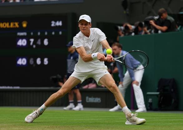 9th July 2024; All England Lawn Tennis and Croquet Club, London, England; Wimbledon Tennis Tournament, Day 9; Jannik Sinner (ITA) from the baseline against Daniil Medvedev (RUS), mens singles quarter final match  ActionPlus12666413 JohnxPatrickxFletcher