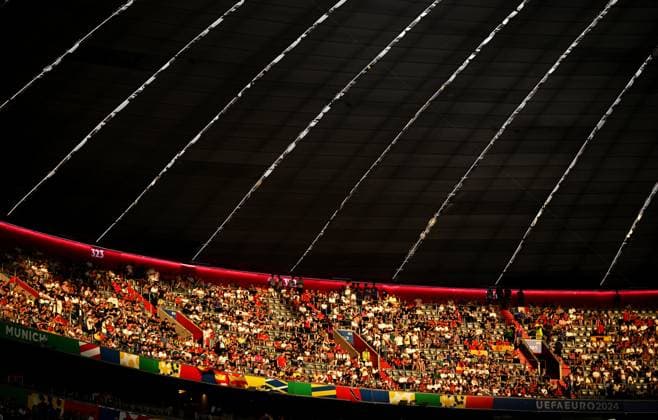 Russia Soccer Euro 2024 Spain - France 8726011 09.07.2024 Fans show their support in the stands before the UEFA EURO, EM, Europameisterschaft,Fussball 2024 semi-final soccer match between Spain and France at the Munich Football Arena in Munich, Germany. Alexey Filippov Sputnik Munich Germany  Copyright: xAlexeyxFilippovx