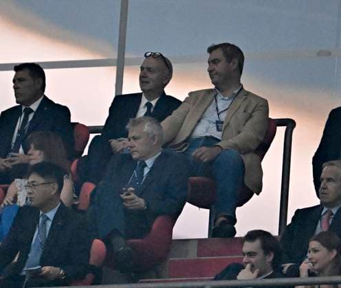 09 07 2024, Football UEFA EURO 2024, semi-final, Spain France, in the Munich Football Arena Prime Minister of Bavaria Markus Söder sits next to DFB President Bernd Neuendorf both, Germany