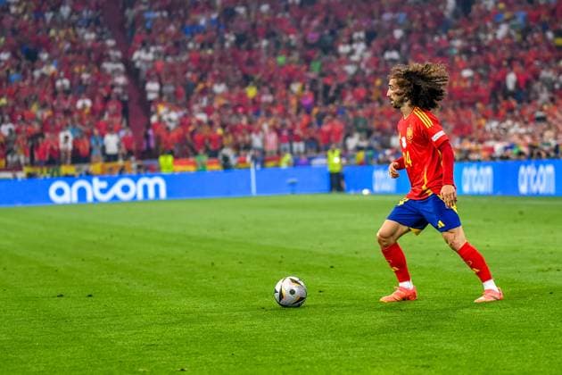Marc Cucurella 24 Spain In action at the semi-final match of the European Championship Spain France on 09 07 2024 in Munich Munich Football Arena Bayern Germany