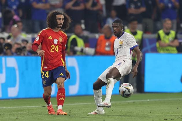 Soccer UEFA EURO 2024 semi-final Spain France on 09 07 2024 at the Munich Football Arena in Munich Marc Cucurella Spain , left Ousmane Dembele France , right xMSx