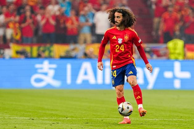 2024-07-09 Spain v France - UEFA EURO, EM, Europameisterschaft,Fussball 2024 Semi Final MUNICH, NETHERLANDS - JULY 9: Marc Cucurella of Spain runs with the ball during the UEFA EURO 2024 Semi Final match between Spain and France at Munich Football Arena on July 9, 2024 in Munich, Netherlands. Munich Munich Football Arena Netherlands Content not available for redistribution in The Netherlands directly or indirectly through any third parties. Copyright: xAndrexWeeningx
