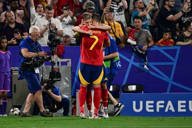 Goal celebration for 2 1 by Dani Olmo 10 Spain , Spain vs France, Football, UEFA Euro 2024, Semi-final, 09 07 2024 Munich Bavaria Germany Copyright: xkolbert-press MarcxNiemeyerx