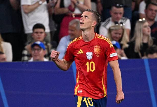 Russia Soccer Euro 2024 Spain - France 8726047 09.07.2024 Spain s Dani Olmo celebrates his team s first goal scored by Lamine Yamal during the UEFA EURO, EM, Europameisterschaft,Fussball 2024 semi-final soccer match between Spain and France at the Munich Football Arena in Munich, Germany. Alexey Filippov Sputnik Munich Germany  Copyright: xAlexeyxFilippovx
