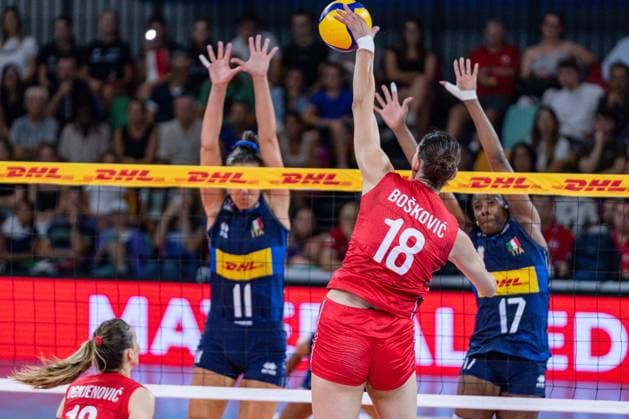 Florence: Tijana Boskovic (Serbia) on attack during Women s Test Match - Italy vs Serbia, Volleyball Test Match in Florence, Italy, July 09 2024 Volleyball Test Match - Women s Test Match - Italy vs Serbia  - ZUMAp169 20240709_zsa_p169_155 Copyright: xSaraxEsposito IPAxSportx