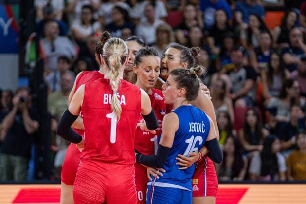 Serbia team exultation during Women s Test Match - Italy vs Serbia, Volleyball Test Match in Florence, Italy, July 09 2024  Copyright: xSaraxEsposito IPAxSportx xipa-agx xx IPA_47860394 IPA_Agency_IPA47860394