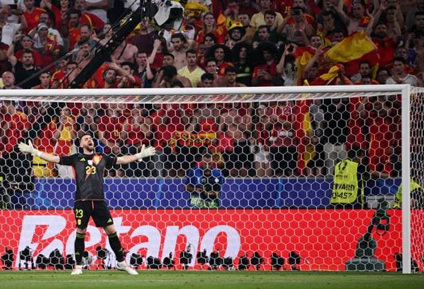 Russia Soccer Euro 2024 Spain - France 8726050 09.07.2024 Spain s goalkeeper Unai Simon reacts during the UEFA EURO, EM, Europameisterschaft,Fussball 2024 semi-final soccer match between Spain and France at the Munich Football Arena in Munich, Germany. Alexey Filippov Sputnik Munich Germany  Copyright: xAlexeyxFilippovx