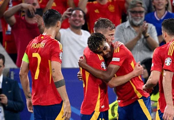 Soccer Euro 2024 Semifinal 09 07 2024 Spain France Cheering Spain after the goal to 1 0 with Alvaro Morata, Dani Olmo, goal scorer Lamine Yamal from left ,