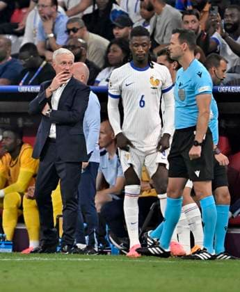 09 07 2024, Football UEFA EURO 2024, semi-final, Spain France, in the Munich Football Arena f l Coach Didier Deschamps France and Eduardo Camavinga France