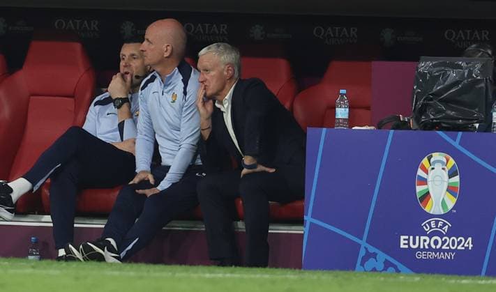 Munich, Germany, 9th July 2024. Didier Deschamps coach of France (R) during the UEFA European Championships semi final match at Allianz Arena, Munich. Picture credit should read: Paul Terry Sportimage EDITORIAL USE ONLY. No use with unauthorised audio, video, data, fixture lists, club league logos or live services. Online in-match use limited to 120 images, no video emulation. No use in betting, games or single club league player publications. SPI-3225-0072
