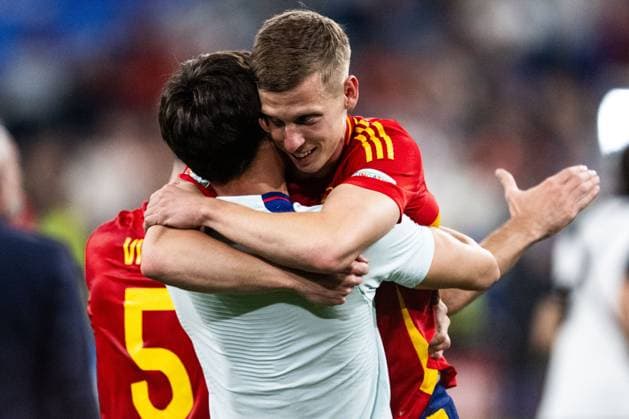 240709 Daniel Olmo of Spain celebrates after the UEFA Euro 2024 Football Championship semifinal between Spain and France on July 9, 2024 in Munich Photo Mathias Bergeld BILDBYRAN code MB MB0944 fotboll football soccer fotballs em europamästerskap em uefa euro uefa european football championship euro 2024 semifinal semifinals spanien spain frankrike france bbeng jubel  Copyright: MATHIASxBERGELD BB240709MB155