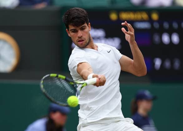 9th July 2024; All England Lawn Tennis and Croquet Club, London, England; Wimbledon Tennis Tournament, Day 9; Carlos Alcaraz (ESP) from the baseline against Tommy Paul (USA), mens singles quarter final match  ActionPlus12666473 JohnxPatrickxFletcher
