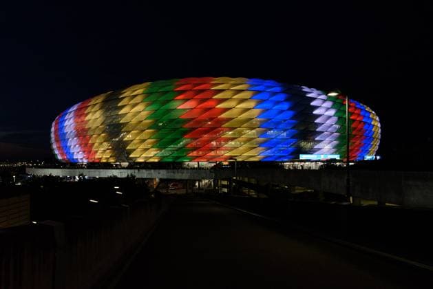 EURO 2024, Die Highlights Sport Bilder des Tages Munich, Germany, July 9th 2024: The Arena from outside illuminated in different colours at half-time during the UEFA EURO, EM, Europameisterschaft,Fussball 2024 semi-final football match between Spain and France at Arena Munich, Germany. (Sven Beyrich SPP)  Copyright: xSvenxBeyrich SPPx spp-en-SvBe-20240709-D75_6610
