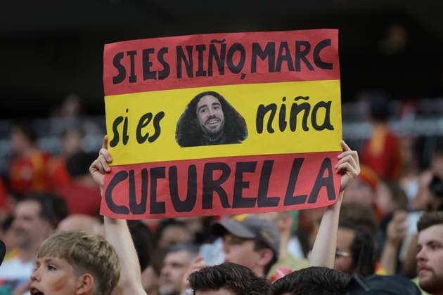 Munich, Germany, 9th July 2024. Fans hold up banners for Marc Cucurella of Spain during the UEFA European Championships semi final match at Allianz Arena, Munich. Picture credit should read: Jonathan Moscrop Sportimage EDITORIAL USE ONLY. No use with unauthorised audio, video, data, fixture lists, club league logos or live services. Online in-match use limited to 120 images, no video emulation. No use in betting, games or single club league player publications. SPI-3224-0034
