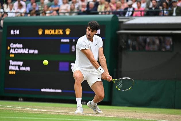 Wimbledon - Alcaraz v Paul Quarter Fina Carlos Alcaraz (ESP) during his quarter final round match at the 2024 Wimbledon Championships at the AELTC in London, UK, on July 9, 2024. Photo by Corinne Dubreuil ABACAPRESS.COM London United Kingdom  Copyright: xDubreuilxCorinne ABACAx