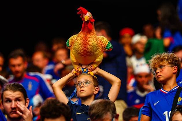 EURO 2024, Fans aller teilnehmenden Teams EURO 2024 - SPAIN-FRANCE SPORTPIXPRESS MAXPPP - MUNICH 09 07 2024 EURO 2024 - SPAIN-FRANCE A young French fan with a plastic cockerel in a stand FRANCE - ESPAGNE MUNICH ALLIANZ ARENA ALLEMAGNE  Copyright: xMAXPPPxSPORTPIXPRESSx HD4021 HD4021