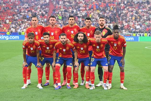 Team photo,team,squad,team photo hi v li Fabian RUIZ ESP ,Aymeric LAPORTE ESP ,RODRI ESP ,Alvaro MORATA ESP ,TORWART Unai SIMON ESP ,front v li Yamal LAMINE ESP ,Jesus NAVAS ESP NACHO ESP ,Marc CUCURELLA ESP ,Dani OLMO ESP ,Nico WILLIAMS ESP Semi Final Spain ESP France FRA 2 1 on 09 07 2024, Soccer Arena Munich Soccer UEFA EURO 2024 GERMANY from 14 06 2024 14 07 2024