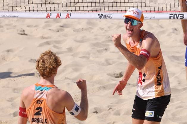 BEACHVOLLEYBALL - Beach Pro Vienna VIENNA,AUSTRIA,10.JUL.24 - Beach volleyball, Beachvolleyball - A1 Beach Pro Vienna. Image shows Timo Hammarberg and Tim Berger (AUT).  GEPAxpictures xMathiasxMandl