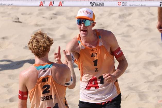BEACHVOLLEYBALL - Beach Pro Vienna VIENNA,AUSTRIA,10.JUL.24 - Beach volleyball, Beachvolleyball - A1 Beach Pro Vienna. Image shows Timo Hammarberg and Tim Berger (AUT).  GEPAxpictures xMathiasxMandl