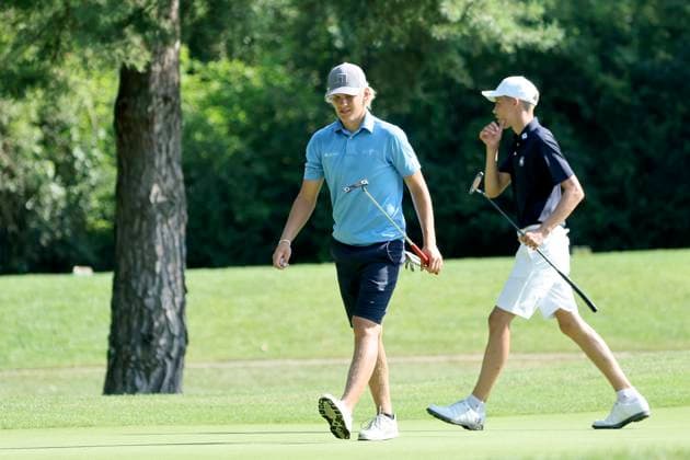 GOLF - European Boys Team Championship ATZENBRUGG,AUSTRIA,10.JUL.24 - GOLF - European Boys Team Championship, Diamond Country Club. Image shows Rasmus Lindberg (FIN) and Arnar Dadi Svavarsson (ISL).  GEPAxpictures xHansxOberlaender