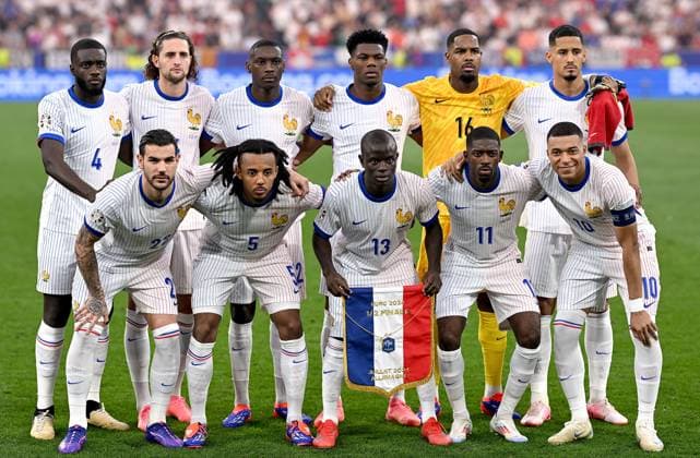 Football Euro 2024 semi-final 09 07 2024 Spain France France team photo Dayot Upamecano, Adrien Rabiot, Randal Kolo Muani, Aurelien Tchouameni, goalkeeper Mike Maignan, William Saliba back from left Theo Hernandez, Jules Kounde, N Golo Kante, Ousmane Dembele and Kylian Mbappe front from left