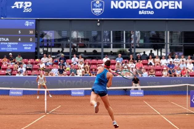 Darja SemeÅÜistaja of Latvia returns a forehand to Diane Parry of France during the Womens second round of Nordea Open at Bastad Tennis Stadium on July 10, 2024 in Bastad, Sweden (Photo by Camilla Stolen Imago) Bastad Sweden Copyright: xCamillaxStolenx L2180717