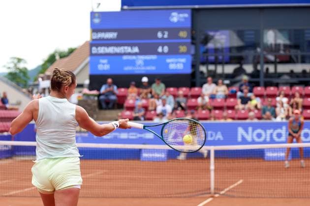 Diane Parry of France returns a forehand to Darja SemeÅÜistaja of Latvia during the Womens second round of Nordea Open at Bastad Tennis Stadium on July 10, 2024 in Bastad, Sweden (Photo by Camilla Stolen Imago) Bastad Sweden Copyright: xCamillaxStolenx L2180808