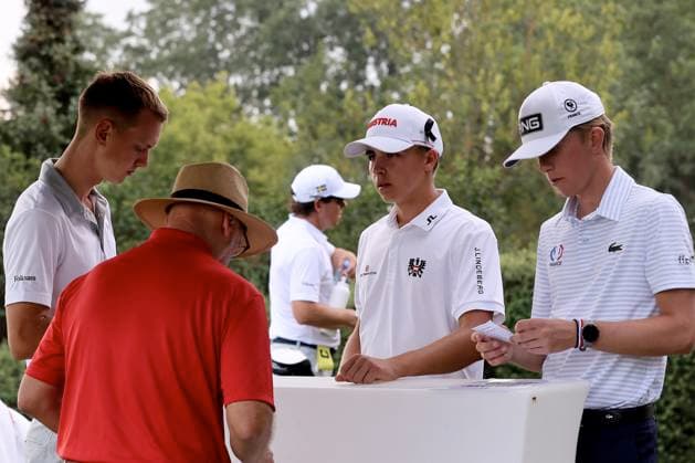 GOLF - European Boys Team Championship ATZENBRUGG,AUSTRIA,10.JUL.24 - GOLF - European Boys Team Championship, Diamond Country Club. Image shows Neo Berg (SWE), Stephan Csoengei (AUT) and Hugo Le Goff (FRA).  GEPAxpictures xHansxOberlaender