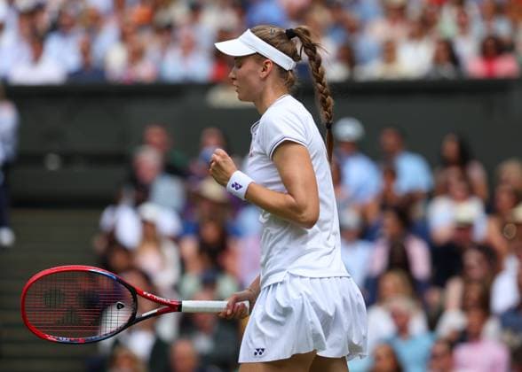 10th July 2024; All England Lawn Tennis and Croquet Club, London, England; Wimbledon Tennis Tournament, Day 10; Elina Svitolina (UKR) celebrates inside Centre Court after quickly defeating Elena Rybakina (KAZ) in straight sets, ladies singles quarter final match  ActionPlus12666590 JohnxPatrickxFletcher