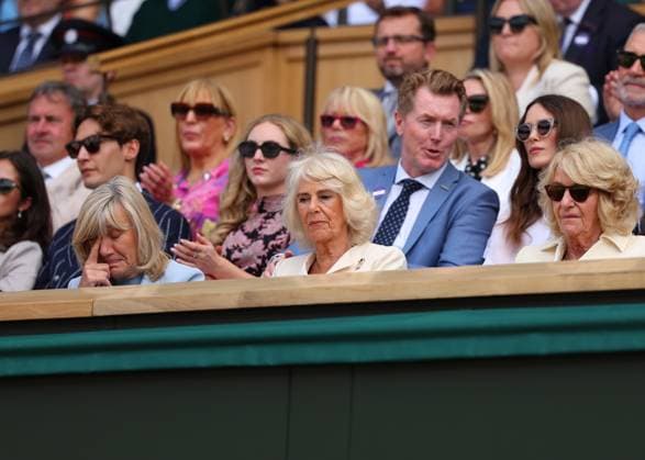 10th July 2024; All England Lawn Tennis and Croquet Club, London, England; Wimbledon Tennis Tournament, Day 10; Queen Camilla sitting in the royal box watching the womens singles quarter final match Elena Rybakina (KAZ) vs Elina Svitolina (UKR) at Centre Court  ActionPlus12666621 JohnxPatrickxFletcher