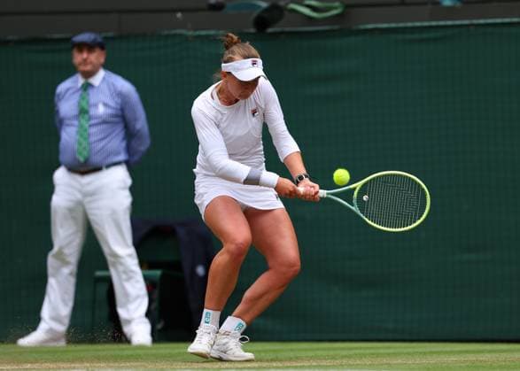 10th July 2024; All England Lawn Tennis and Croquet Club, London, England; Wimbledon Tennis Tournament, Day 10; Barbora Krejcikova (CZE) from the baseline against Je& x13c;ena Ostapenko (LAT), ladies singles quarter final match  ActionPlus12666599 JohnxPatrickxFletcher
