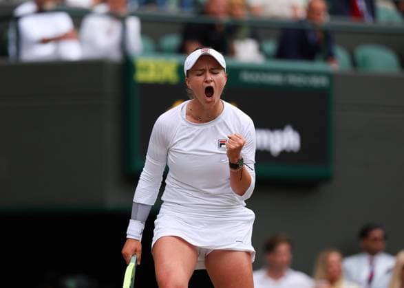 10th July 2024; All England Lawn Tennis and Croquet Club, London, England; Wimbledon Tennis Tournament, Day 10; Barbora Krejcikova (CZE) celebrates after taking the first set abasing Je& x13c;ena Ostapenko (LAT), ladies singles quarter final match  ActionPlus12666606 JohnxPatrickxFletcher