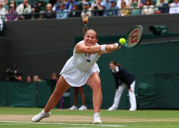 10th July 2024; All England Lawn Tennis and Croquet Club, London, England; Wimbledon Tennis Tournament, Day 10; Je& x13c;ena Ostapenko (LAT) from the baseline against Barbora Krejcikova (CZE), ladies singles quarter final match  ActionPlus12666611 JohnxPatrickxFletcher