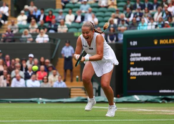 10th July 2024; All England Lawn Tennis and Croquet Club, London, England; Wimbledon Tennis Tournament, Day 10; Je& x13c;ena Ostapenko (LAT) from the baseline against Barbora Krejcikova (CZE), ladies singles quarter final match  ActionPlus12666612 JohnxPatrickxFletcher