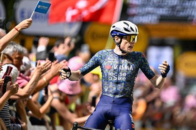 Danish Jonas Vingegaard of Team Visma-Lease a Bike celebrates as he crosses the finish line to win stage 11 of the 2024 Tour de France cycling race, from Evaux-les-Bains to Le Lioran, France (211km) on Wednesday 10 July 2024. The 111th edition of the Tour de France starts on Saturday 29 June and will finish in Nice, France on 21 July. JASPERxJACOBS  x96195592x