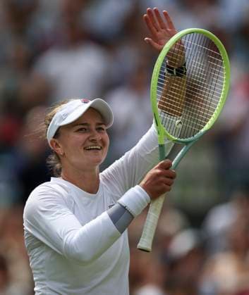 (240710) -- LONDON, July 10, 2024 -- Barbora Krejcikova of the Czech Republic reacts after winning the women s singles quarterfinal between Jelena Ostapenko of Latvia and Barbora Krejcikova of the Czech Republic at Wimbledon tennis Championship in London, Britain, on July 10, 2024. ) (SP)BRITAIN-LONDON-TENNIS-WIMBLEDON-DAY 10 HanxYan 