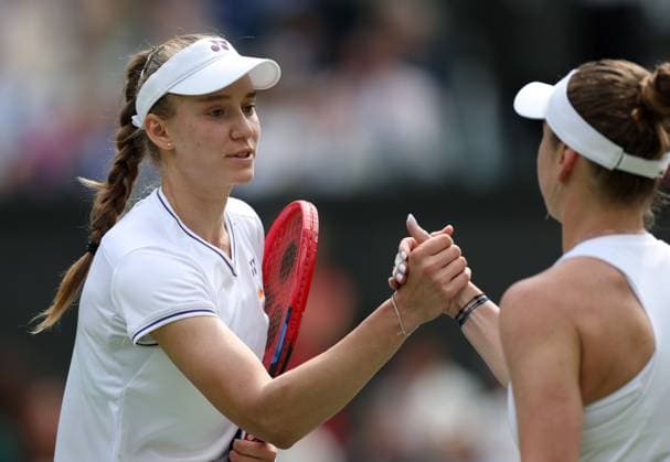 (240710) -- LONDON, July 10, 2024 -- Elena Rybakina (L) of Kazakhstan and Elina Svitolina of Ukraine greet each other after their women s singles quarterfinal match at Wimbledon tennis Championship in London, Britain, July 10, 2024. ) (SP)BRITAIN-LONDON-TENNIS-WIMBLEDON-DAY 10 LixYing 