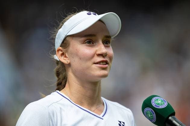 Tennis - Wimbledon Championship 2024 - Day 10 LONDON, ENGLAND - Wednesday, July 10, 2024: Elena Rybakina (KAZ) gives an interview after the Ladies Singles Quarter-Final match on Day Ten of The Championships Wimbledon 2024 at the All England Lawn Tennis and Croquet Club. Rybakina won 6-3, 6-2. (Photo by Kirsten Holst Propaganda) LONDON All England Lawn Tennis and Croquet Club GREATER LONDON ENGLAND  Copyright: xKirstenxHolstx 2024-07-10-036-Wimbledon_Day_10