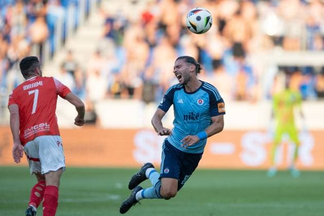 Fouled Kyriakos Savvidis during UEFA Champions league preliminary round match, SK Slovan Bratislava - FC Struga, 10. july 2024 Copyright: xMICHALxFAJT,ZOSPORTU.SKx FAJ_2046