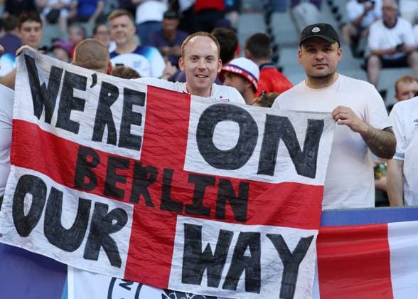 Dortmund, Germany, 10th July 2024. England fans with a positive message on their banner during the UEFA European Championships semi final match at BVB Stadion, Dortmund. Picture credit should read: Paul Terry Sportimage EDITORIAL USE ONLY. No use with unauthorised audio, video, data, fixture lists, club league logos or live services. Online in-match use limited to 120 images, no video emulation. No use in betting, games or single club league player publications. SPI-3222-0007
