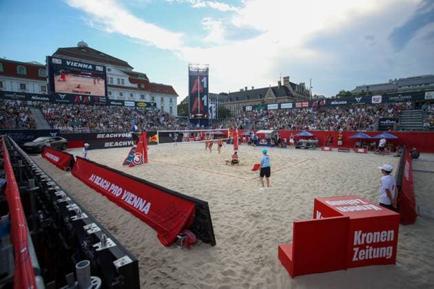 BEACHVOLLEYBALL - Beach Pro Vienna VIENNA,AUSTRIA,10.JUL.24 - Beach volleyball, Beachvolleyball - A1 Beach Pro Vienna. Image shows the arena.  GEPAxpictures xMathiasxMandl
