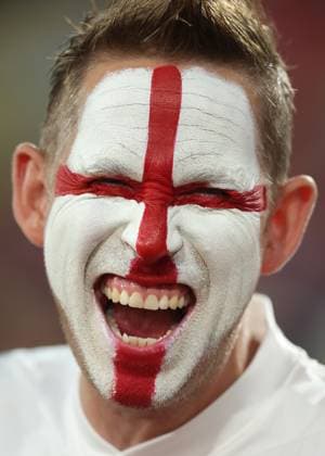 Dortmund, Germany, 10th July 2024. An England fan with painted face before the UEFA European Championships semi final match at BVB Stadion, Dortmund. Picture credit should read: Paul Terry Sportimage EDITORIAL USE ONLY. No use with unauthorised audio, video, data, fixture lists, club league logos or live services. Online in-match use limited to 120 images, no video emulation. No use in betting, games or single club league player publications. SPI-3222-0011