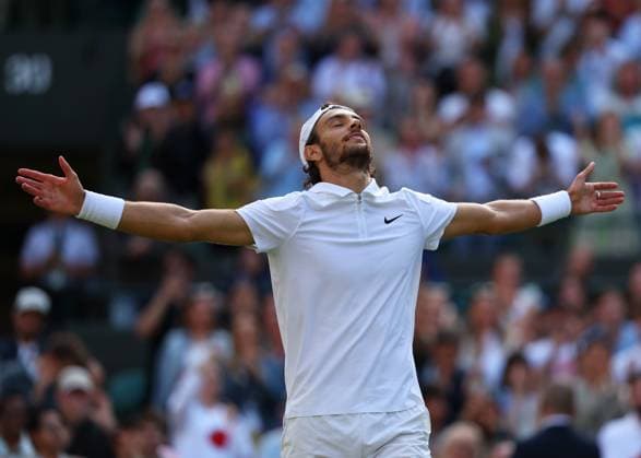 10th July 2024; All England Lawn Tennis and Croquet Club, London, England; Wimbledon Tennis Tournament, Day 10; Lorenzo Musetti (ITA) celebrates after defeating Taylor Fritz (USA) by three sets to two to reach the gentlemen& x2019;s singles semi final match  ActionPlus12666641 JohnxPatrickxFletcher