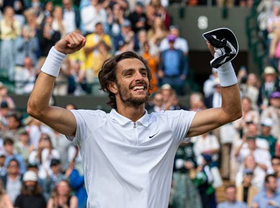 Tennis, Wimbledon, Die Highlights Sport Bilder des Tages Tennis - Wimbledon Championship 2024 - Day 10 LONDON, ENGLAND - Wednesday, July 10, 2024: Lorenzo Musetti (ITA) celebrates after the Gentleman s Singles Quarter-Final match on Day Ten of The Championships Wimbledon 2024 at the All England Lawn Tennis and Croquet Club. Musetti won 3-6, 7-6 (5), 6-2, 3-6, 6-1. (Photo by Kirsten Holst Propaganda) LONDON All England Lawn Tennis and Croquet Club GREATER LONDON ENGLAND  Copyright: xKirstenxHolstx 2024-07-10-080-Wimbledon_Day_10