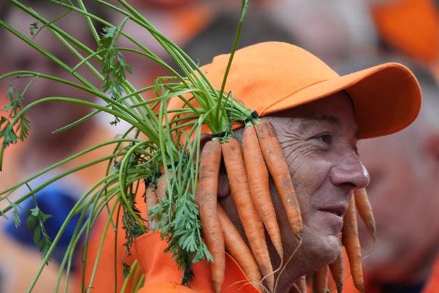 Dutch fan with carrot snack helmet Dortmund 10 07 2024 Netherlands vs England, EURO2024 M50, semi-final, EM Arena Dortmund