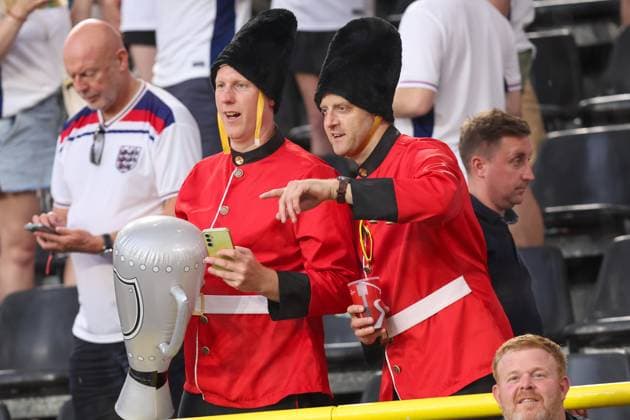 2024-07-10 The Netherlands v England - Semi-Final - UEFA EURO, EM, Europameisterschaft,Fussball 2024 DORTMUND, GERMANY - JULY 10: Supporters of England dressed up as soldiers during the Semi-Final - UEFA EURO 2024 match between The Netherlands and England at BVB Stadion Dortmund on July 10, 2024 in Dortmund, Germany. (Photo by Peter Lous BSR Agency) Dortmund Germany Content not available for redistribution in The Netherlands directly or indirectly through any third parties. Copyright: xBSRxAgencyx