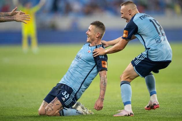 Juraj Kucka a goal celebrate with Nino Marcelli during UEFA Champions league preliminary round match, SK Slovan Bratislava - FC Struga, 10. july 2024 Copyright: xx DSC_6271