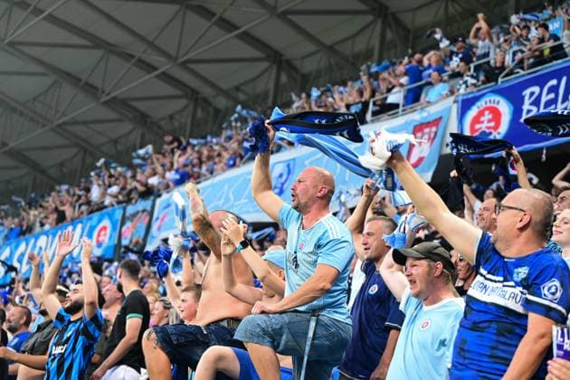 SK Slovan fans a goal celebrate during UEFA Champions league preliminary rounds match SK Slovan Bratislava - FC Struga, 10. july 2024 Bratislava Slovakia Copyright: xx FAJ_2187